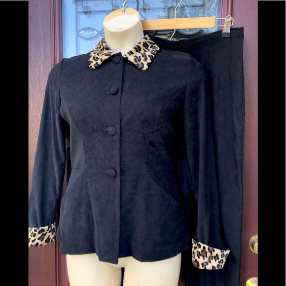 Vintage Leopard Cuff Black Faux Suede Jacket Pants - Picture 1 of 9